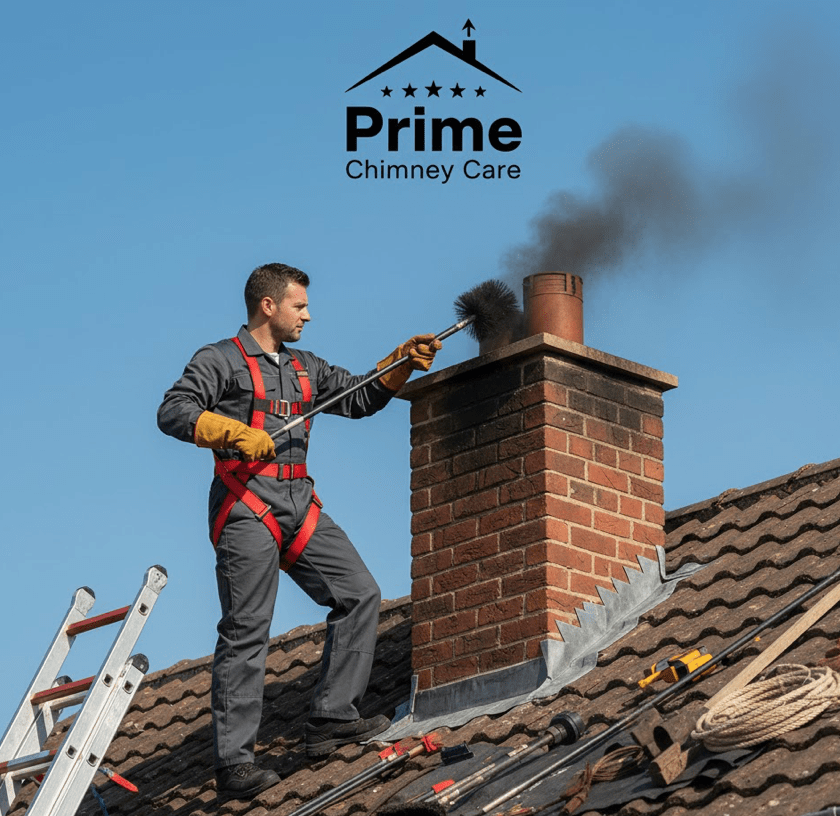 Professional chimney sweep on roof